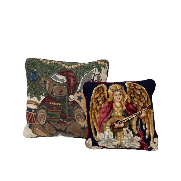 2 Vintage Christmas Throw Pillows Tapestry Needlepoint Teddy Bear And Angel - Picture 2 of 6